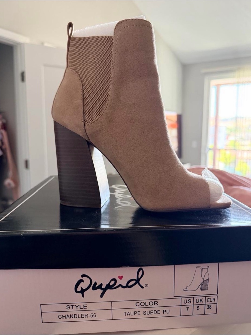 Qupid Taupe Suede Peep Toe Block Heel Ankle Boot